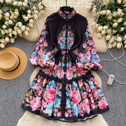 Elegant stand collar lantern sleeve single-breasted printed lace-up dress