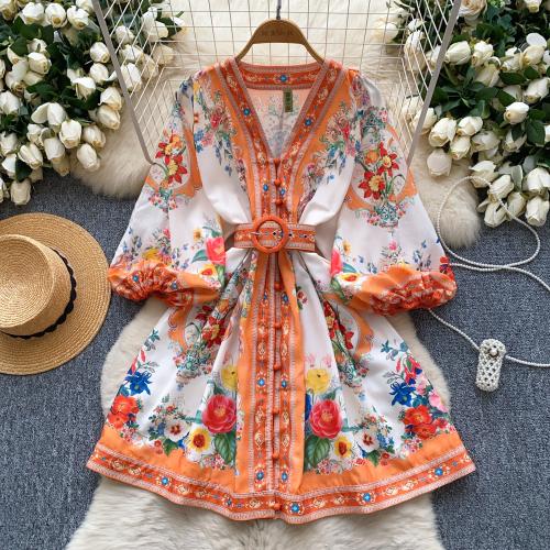 Spring new style printed waist slim V-neck single-breasted lantern sleeve dress