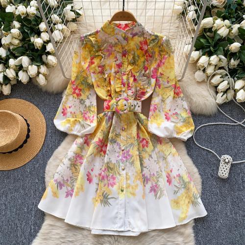 Polyester High Waist One-piece Dress slimming printed floral yellow PC