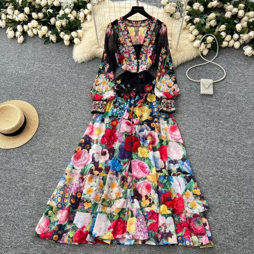 Vintage V-Neck Printed Ruffled Chiffon dress Tight Waist Split Dress