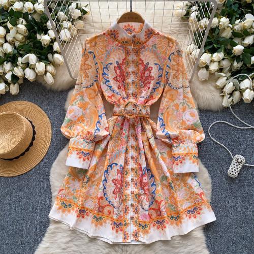 Women's High-end Lantern Sleeve Waist Printed dress Women's Vintage Dress