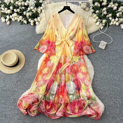 Spring Vacation V-neck Pleated Flower Wave Edge Long dress