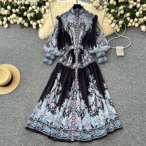 High-end Elegant dress Spring Long Dress with Lantern Sleeve Printed Dress