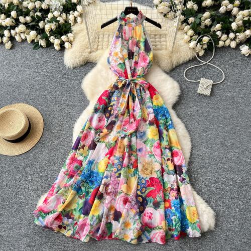 Seaside Style dress Women's Spring High-end Sleeveless Waist-tight Printed Chiffon Long Dress