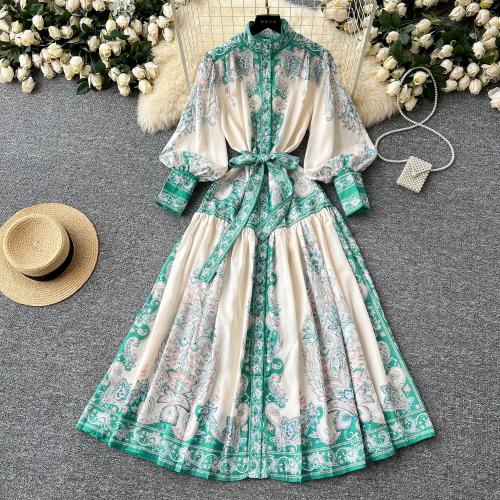 Retro lantern sleeve stand collar printed dress women's pleated dress