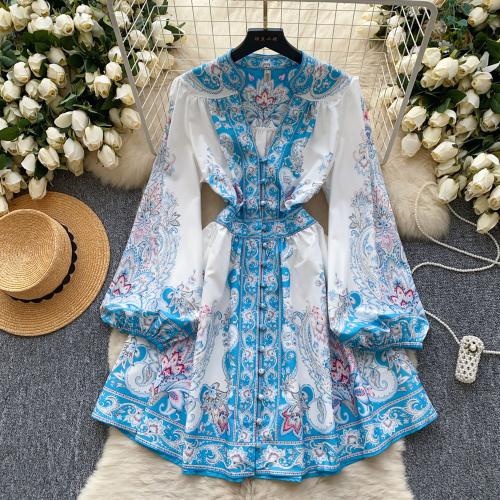 Spring retro style V-neck waist slim fashion printing elegant dress