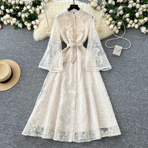 French Elegant Crochet Embroidery Stand Collar Stitching Horn Sleeve Long dress