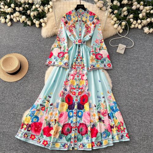 Polyester Slim & Plus Size & High Waist One-piece Dress printed floral PC