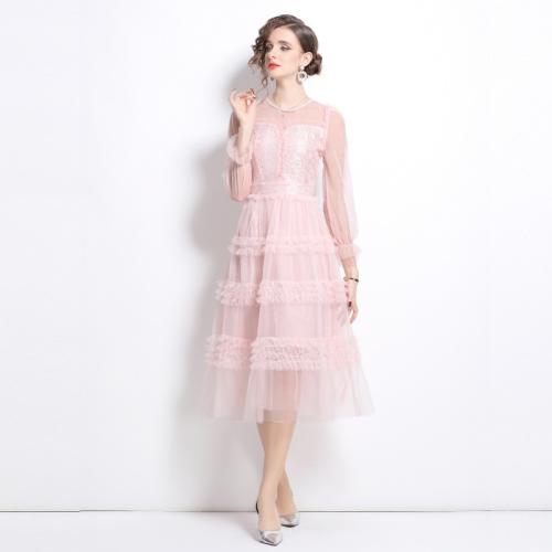 French Style Mesh Stitching Long-sleeved dress Women's Summer Tight Waist Slimming Long Dress