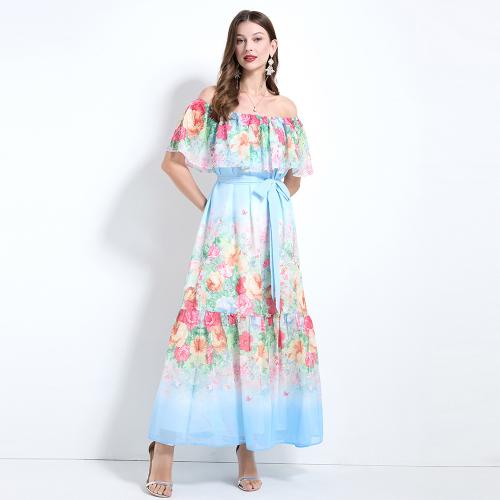 Polyester Soft One-piece Dress large hem design & off shoulder printed floral blue PC