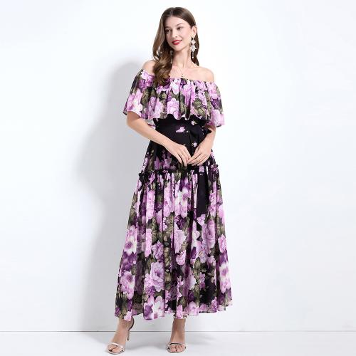 Women's French High-end Style off-shoulder Ruffled Waist Slimming Floral Long Dress