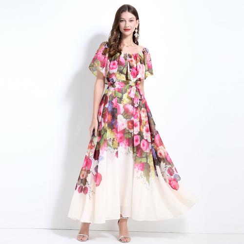 Summer New off-Shoulder Flower Printed Seaside Vacation Waisted Ruffle Dress