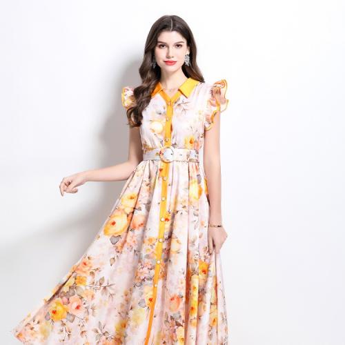 Polyester lace & Soft One-piece Dress large hem design printed floral yellow PC