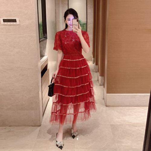 Sequined bubble sleeve dress women's summer new high-end hollow mesh dress