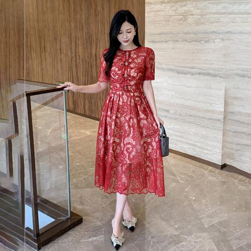 French Style Ladies Elegant dress Women's Embroidered Flower Puff Sleeve Lace Slim-fit Skirt