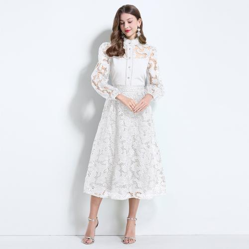 French Style Women's Fashion Hollow Crochet Lace Lantern Sleeve Shirt High Waist Over-knee Skirt