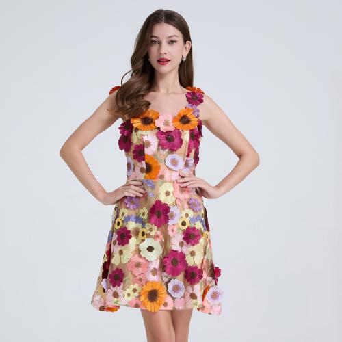 French Style Mesh Flower Embroidery Tight Waist Slim-Fit dress