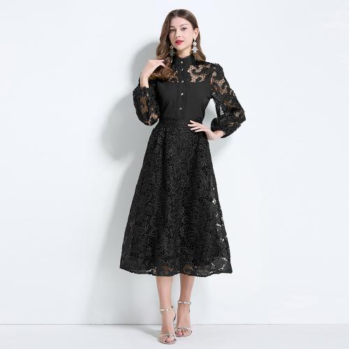 New Elegant Flower Embroidered Lace Puff Sleeve Top and Skirt suit