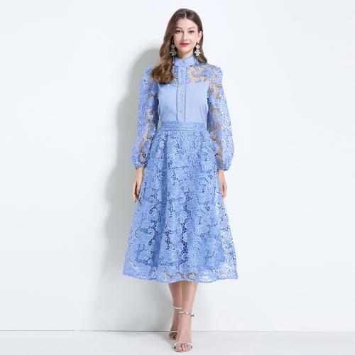 French Style Lace Flower Long-sleeved Shirt Women's High Waist Slimming Skirt Two-piece Set