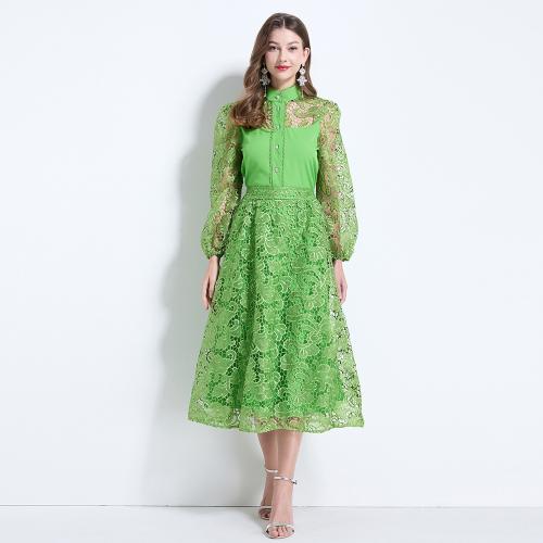 Spring New Arrival Two-Piece Set Women's French Style Hollow Lace Embroidered Long-Sleeved Shirt High Waist Skirt