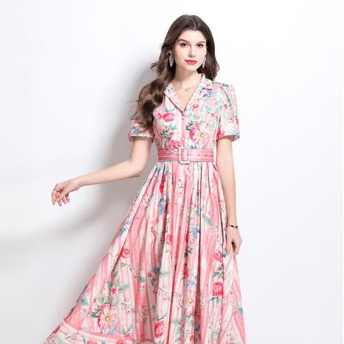 Summer new vintage lapel short sleeve printed long dress