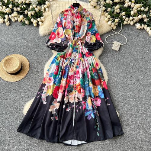 Polyester High Waist One-piece Dress slimming printed floral PC