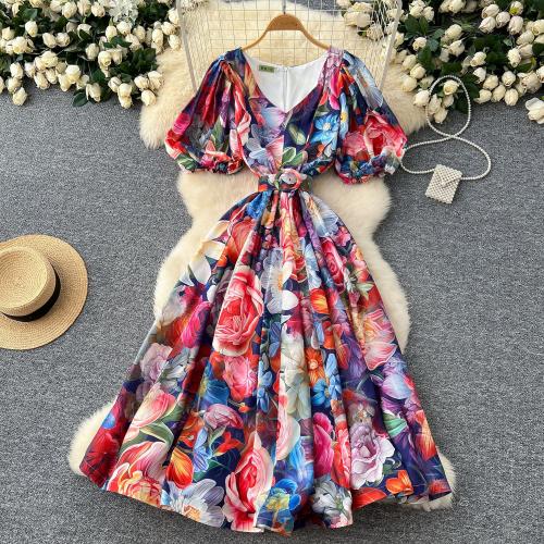 French Elegant V-neck Lantern Sleeve Tight Waist Printed Large Ruffled dress