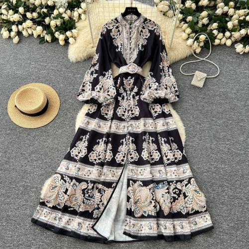 Retro Vertical Collar Tight Waist Long Printed One-piece Dress