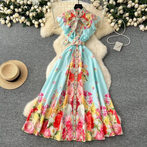 Bow Lace-up Flying Sleeve Waist Buckle Printed Long dress