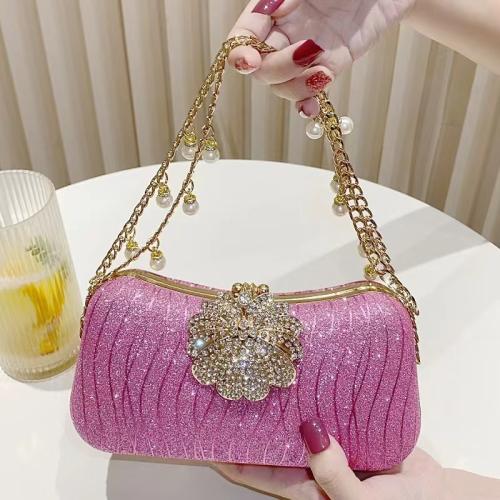 Polyester Easy Matching Clutch Bag with chain & with rhinestone fuchsia PC