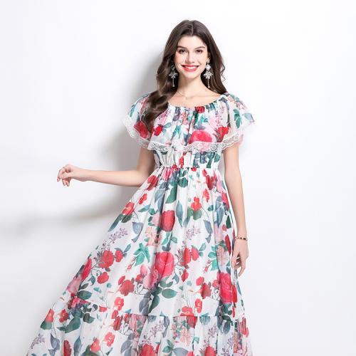 Chiffon One-piece Dress large hem design & double layer & breathable printed floral red PC