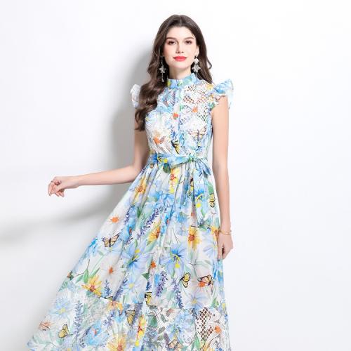 Hollow-out lace stitching fly sleeve waist strap slimming printed dress