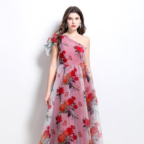 Elegant Lace Tight Waist Printed Mesh dress Women's Summer Style Split Long Dress