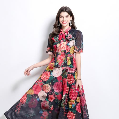 Women's Bubble Short-sleeved Waist Stitching Lotus Leaf Printed Mid-length dress