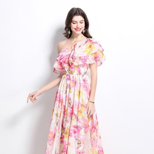 Vacation Style Printed Chiffon dress Women's New Ruffled Waist Tight Dress