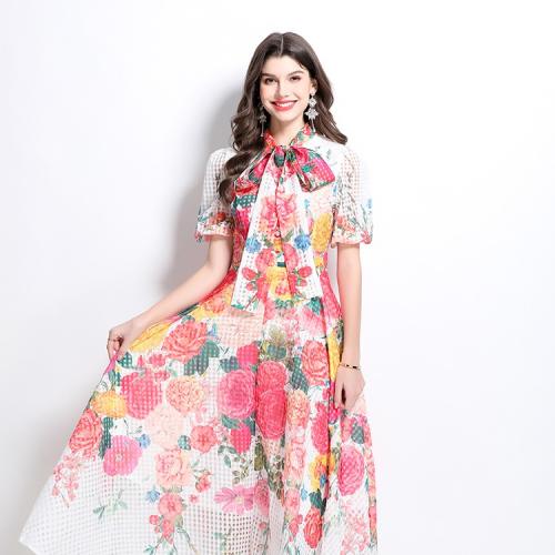 Bow Lace-up Lantern Sleeve High Waist dress Women's French-style Slimming Elegant Printed Dress