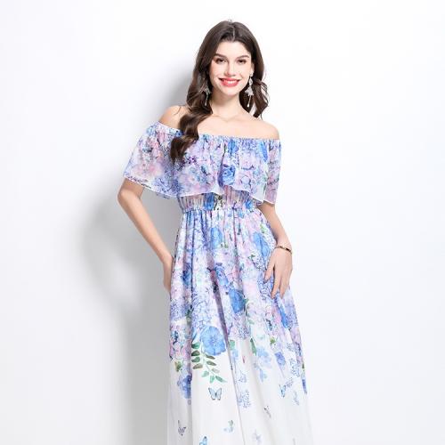 Women's off-shoulder ruffled waist printed chiffon dress summer vacation elegant dress