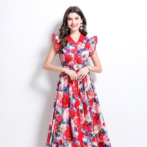 Fashion Printed Lotus Sleeve Lapel Tight Waist Large dress Women's Slimming Elegant Long Dress