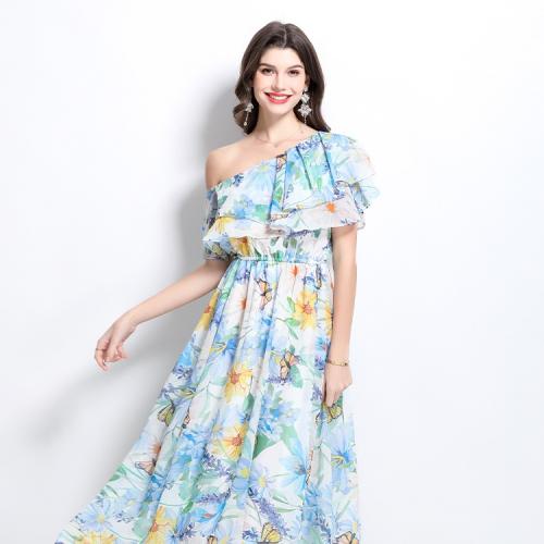 Vacation Style Printed Chiffon dress Women's New Ruffled Waist Dress