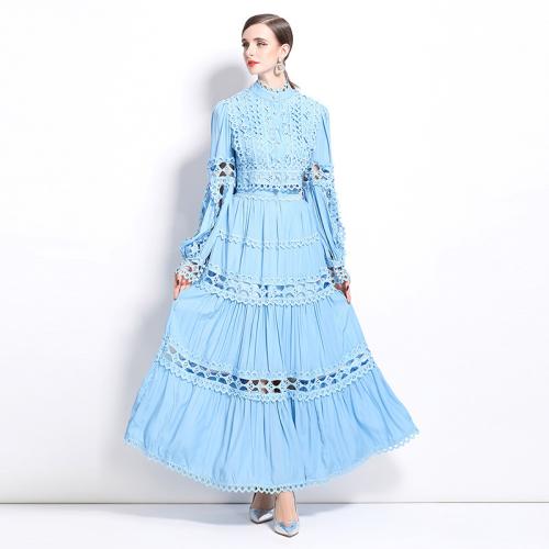 Vintage Style Lantern Long Sleeve Stand Collar Hollow Lace Top Two-Piece High Waist Dress