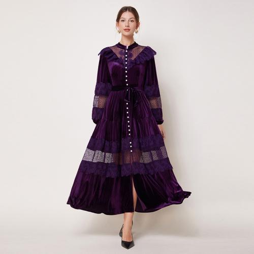 Palace Style dress French Style Retro Collar Pearl Lace Stitching Velvet Dress