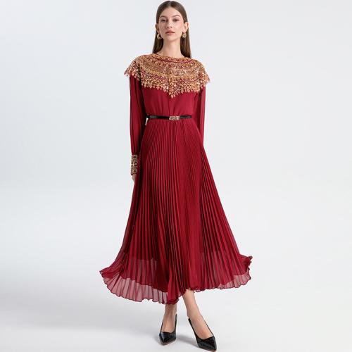 French embroidered beads sequin long sleeve waist slimming elegant pleated dress