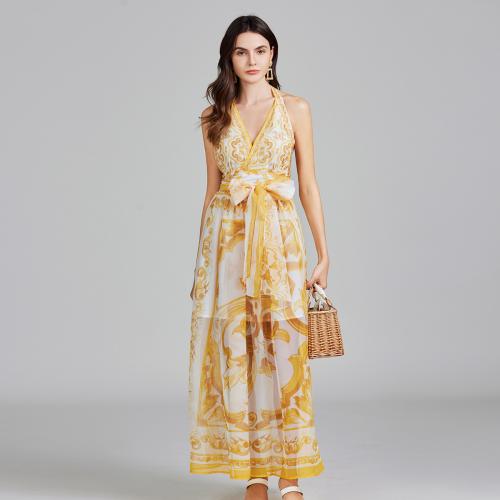 French Style Backless V-neck Sleeveless Chiffon Printed dress