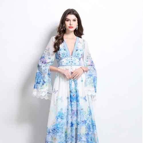 Chiffon lace & Waist-controlled One-piece Dress deep V printed floral blue PC