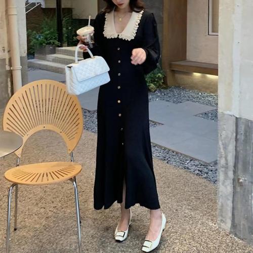 French Lapel Sweater dress Women Autumn and Winter Dress Lantern Sleeve Knitted Long Dress