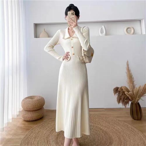 Lapel Slim Knitted dress Autumn and Winter New High Waist Base Mid-length Sweater Dress