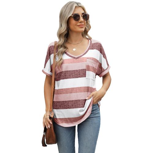 Spring and Summer New Printed Striped V-Neck Bat Sleeve Pocket T-Shirt for Women