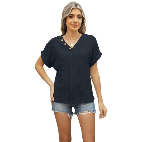 Spring and Summer New V-neck Jacquard Button Short-sleeved T-shirt Loose Hollow Top