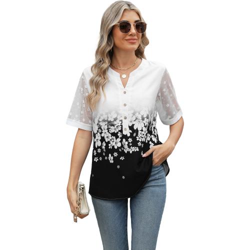 New v-neck printed chiffon shirt stitching lace sleeve top for women