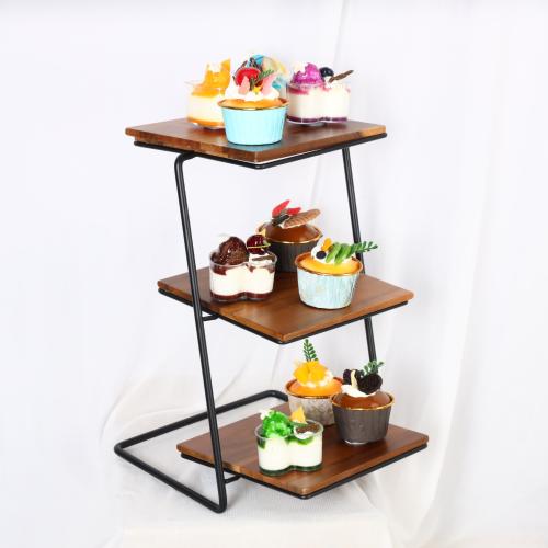 Three-layer iron storage rack Acacia wooden tray cake dessert tray display rack